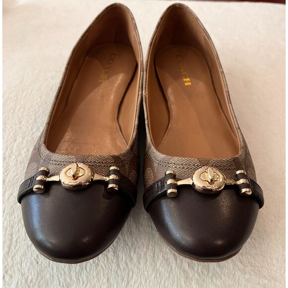 Coach Size 8.5 Women’s Ballet Leila Flats Khaki Chestnut Shoes Q9090 Logo w/ Box - Picture 4 of 15